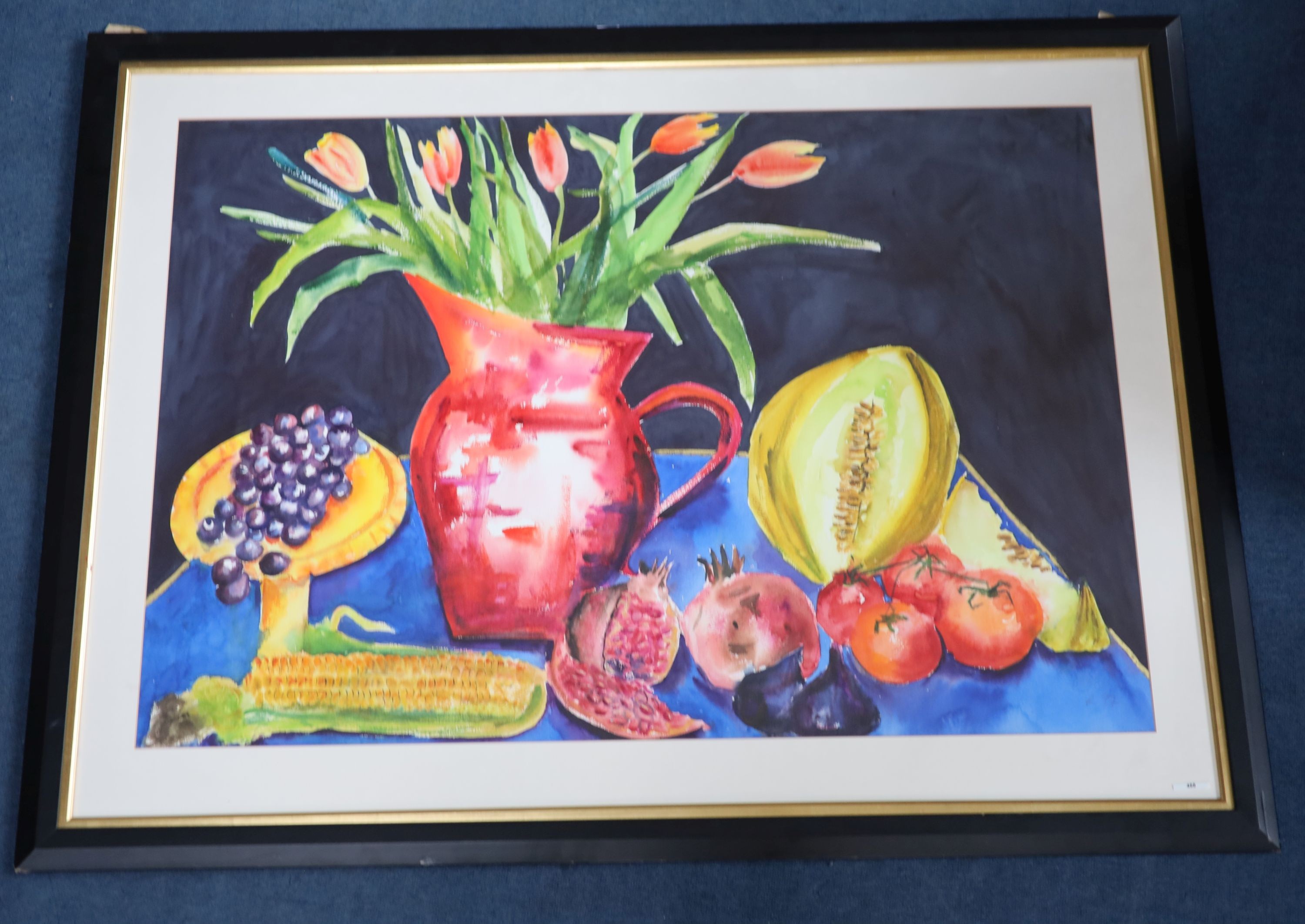 Hilary Rosen, watercolour, Still life with red vase and orange tulips, Boundary Gallery label verso, 76 x 109cm